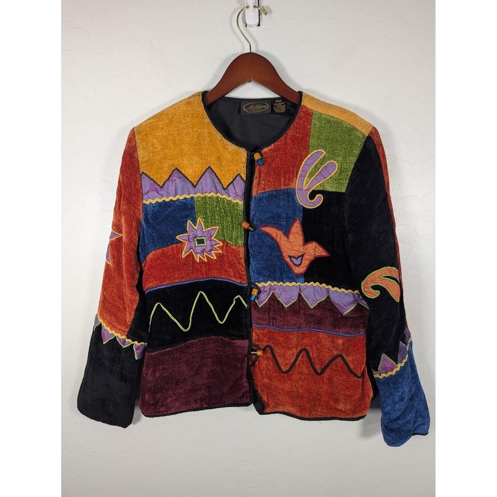 Allure Jacket Womens PM Multicolor Velour Embroidered‎ Toggle Boho Art Colorful